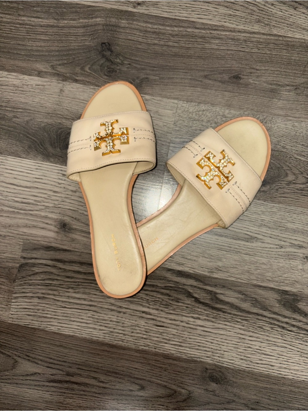 Tory Burch Beige Slide Sandals with Gold Logo